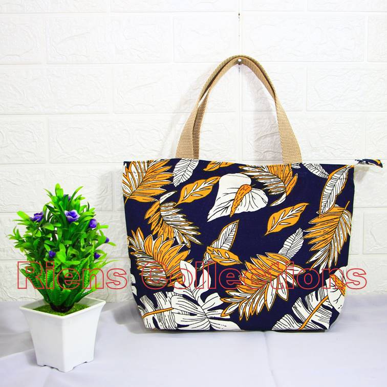 HANDBAG BESAR BAHAN KANVAS MOTIF ANEKA DAUN BIRU. TAS KANVAS. TAS WANITA. Riens Collections