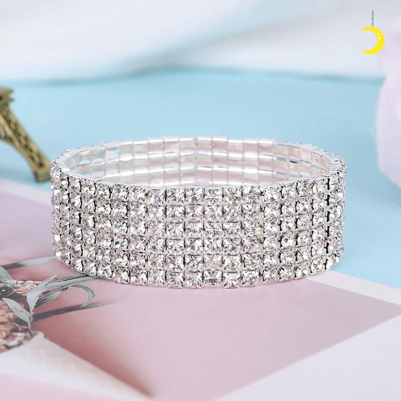 Gelang Kristal Berlian Imitasi 1 / 2 / 3 / 4 / 5 / 6 Baris Elastis Warna Silver Untuk Wanita