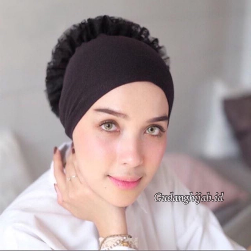 Inner Turki Hitam Inner Hijab Turki Cepol Renda Brukat Polos / Daleman Kerudung Ciput Cempol Inner T