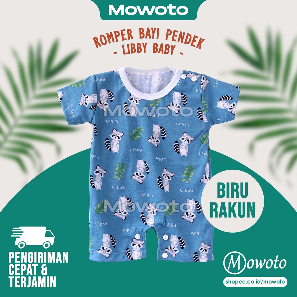Libby Baby ROMPER PENDEK ISLAND Explorer Terbaru / Jumper Anak Bayi Unisex Newborn Romper Segi Empat - Mowoto-Biru Rakun NB