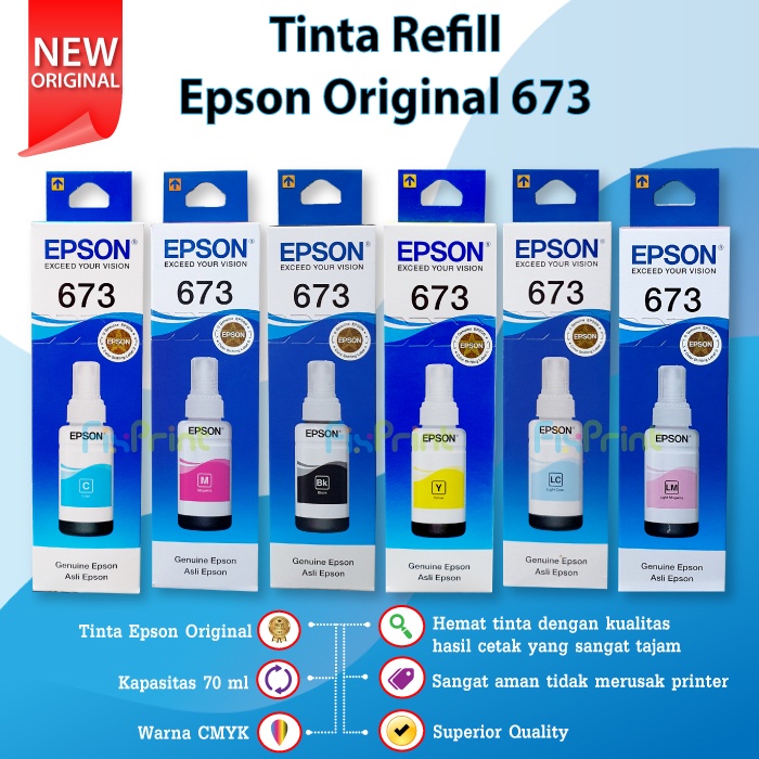 Tinta Epson Original 673 t6734 Yellow 70ml  Tinta Refill Printer Epson L800 L805 L810 L850 L1800
