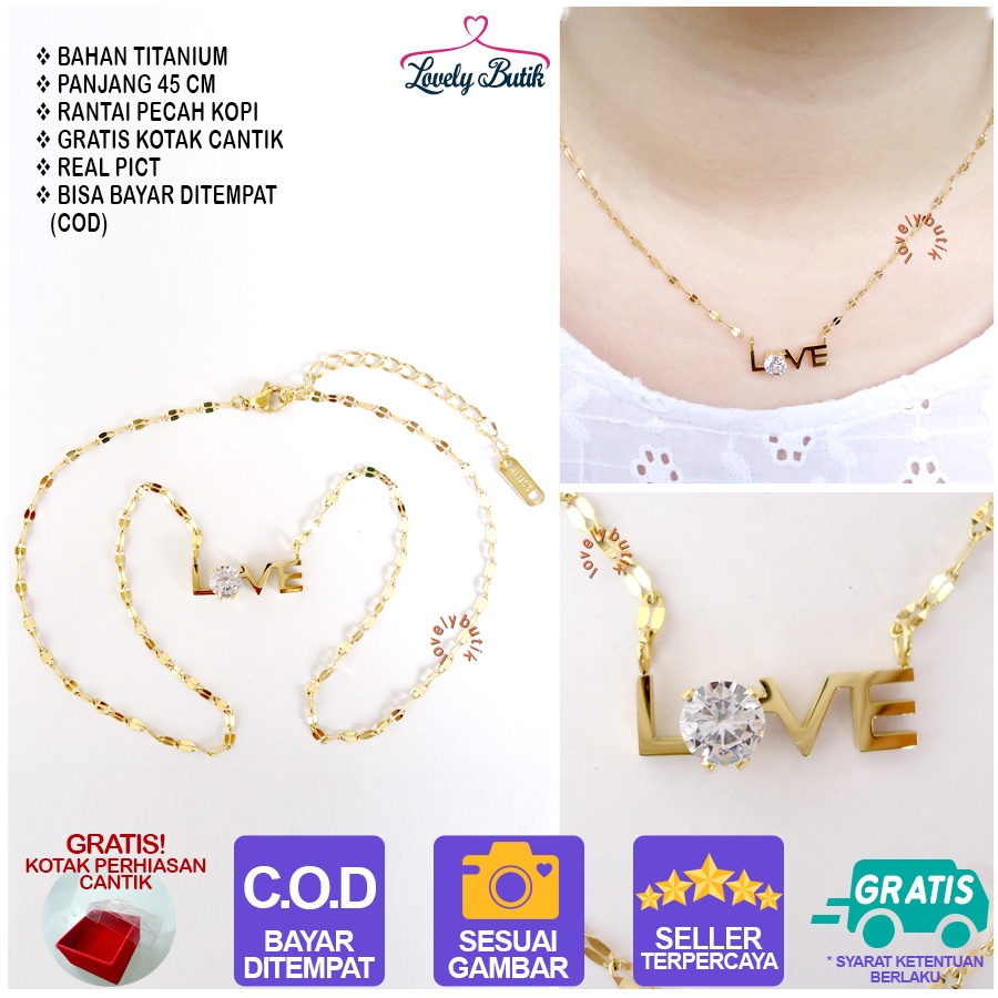 Lovelybutik - Kalung Titanium Wanita Anti Karat Anti Luntur Plus Liontin Tulisan Love 4Irin Kalung Titanium Asli Bonus Tempat Perhiasan