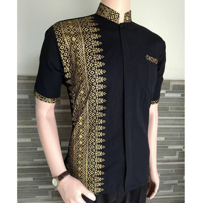 Koko Batik Baju Koko Kombinasi Batik Hitam Emas Perak Lengan Pendek