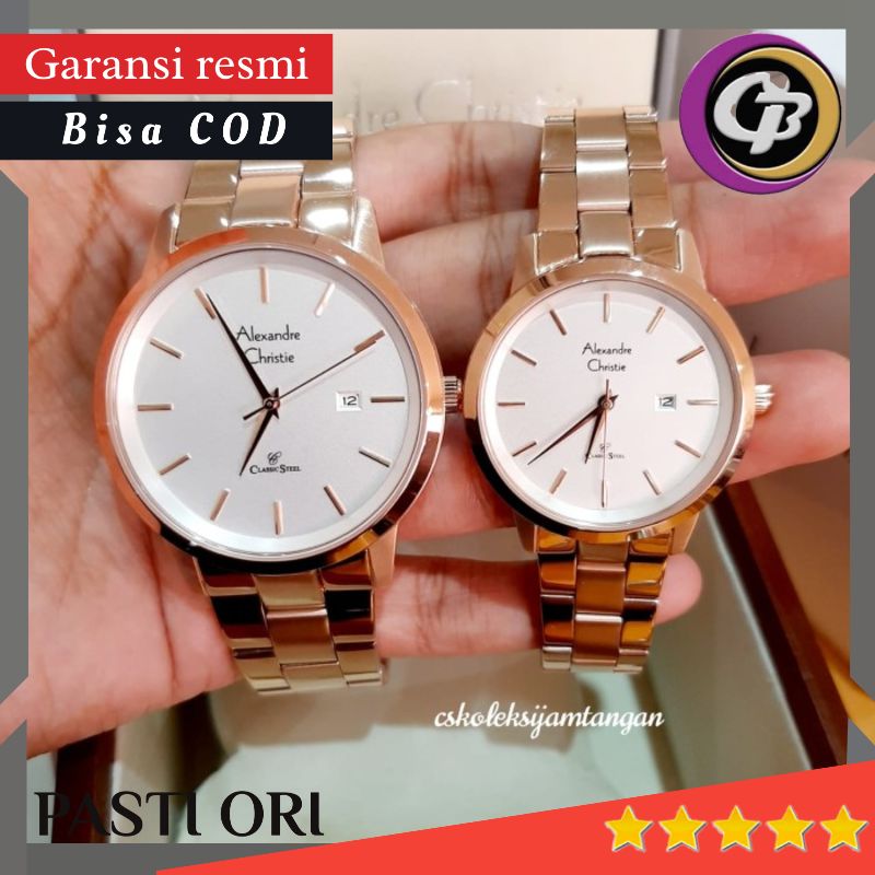 DISKON JAM TANGAN COUPLE SEPASANG  ALEXANDRE ALEXANDER CHRISTIE AC 8645 ROSEGOLD SILVER