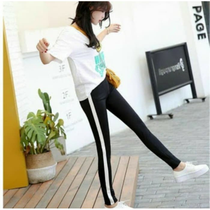 Legging Strip/Line/List Putih Panjang Wanita Polos Fit To L Max BB 65Kg / Legging Stripe Standar