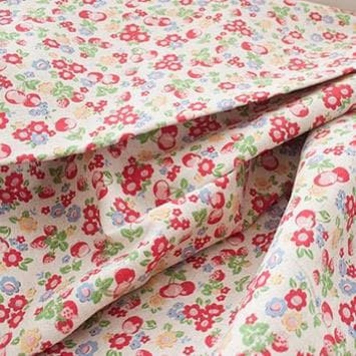 Kain katun linen motif bunga merah kecil ready stock