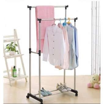 stand hanger gantungan baju besi stainless double pole besi ganda 4 roda