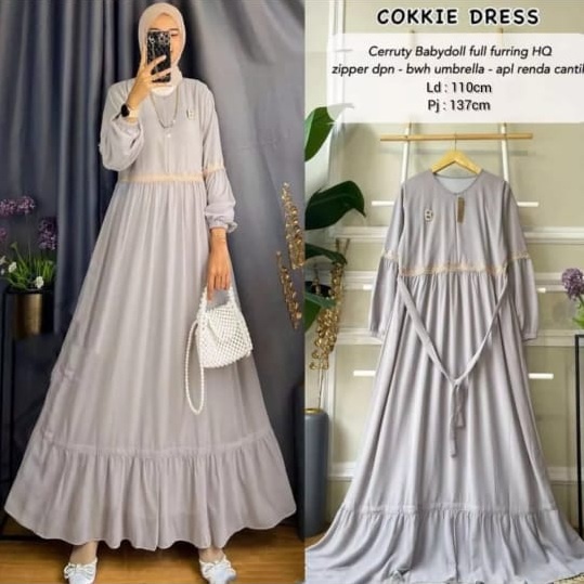 COOKKIE DRES BAHAN CERUTY BABYDOLL FULL FURING APLIKASI RENDA UKURAN LD 110 CM PB 138 CM  BAJU GAMIS WANITA TERBARU KEKINIAN  BAJU DRES WANITA SIMPLE , ELEGAN , HARGA MURAH COCOK UNTUK KONDONGAN  BAJU DRES 2022