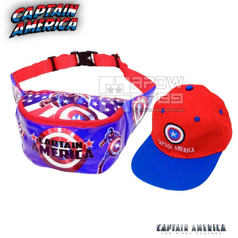 tas selempang anak anti air waistbag anak topi anak captain america 2in1 tas bahu anak