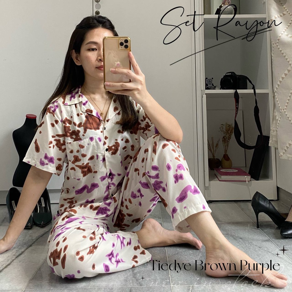 IZANY Piyama One Set Kemeja Pendek / Daily Set Kemeja Allsize Rayon Dischart-TIEDYE BROWN PURPLE