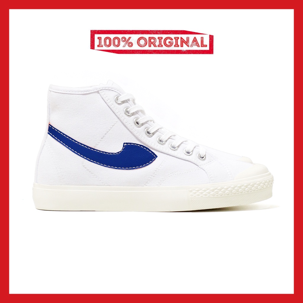 ORIGINAL - Sepatu Brand Lokal Kasual Pria Wanita No Brand White Blue Hi Not Sneakers Compass Gazelle Putih Biru Tinggi