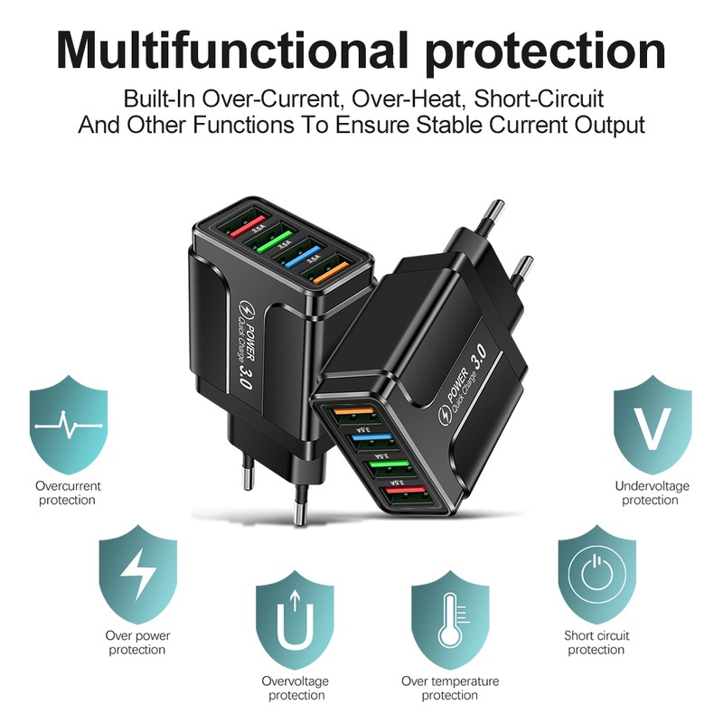 Adapter Charger Dinding 4 Port USB 3.0 4.0 Fast Charging Plug US / EU Untuk Xiaomi / Huawei