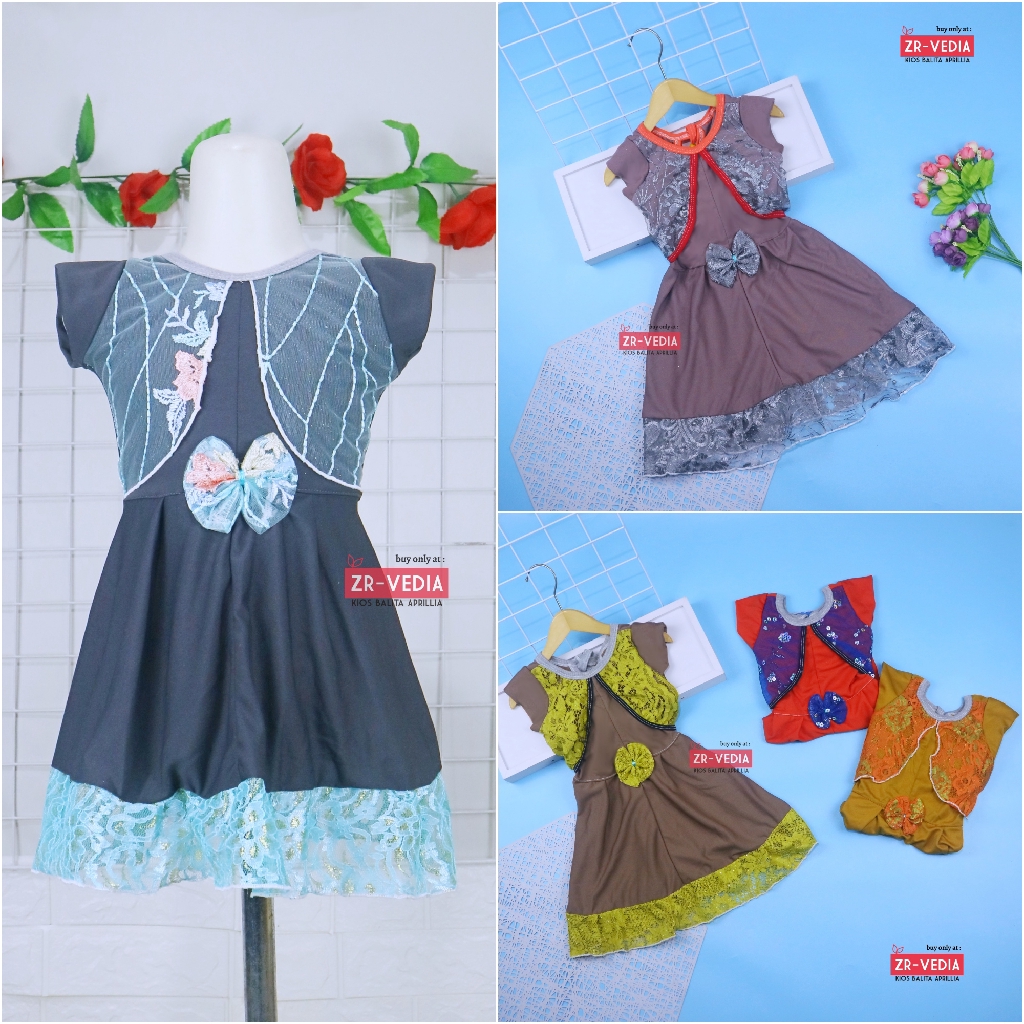 Dress Joana uk 1-2 Tahun / Dres Anak Perempuan Murah Baju Cewek Gaun Brukat Lengan Pendek Import