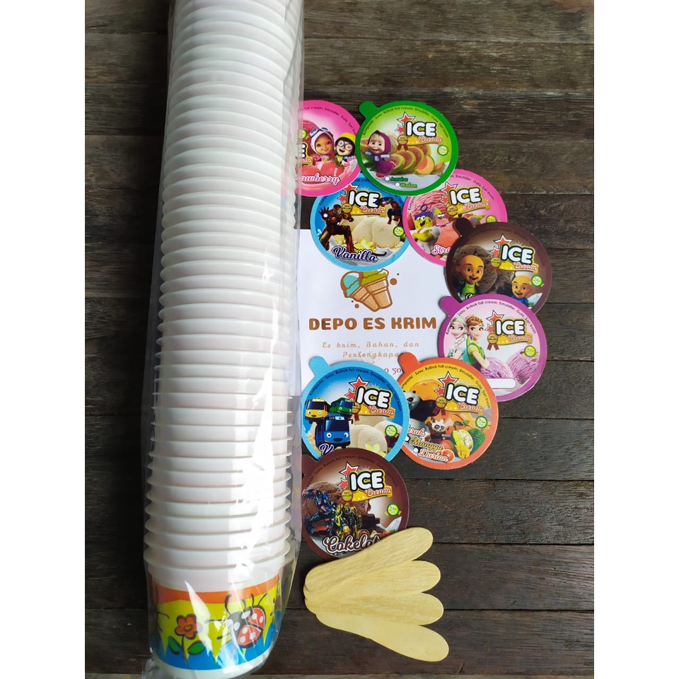 GROSIR 2000 pcs Ice Cream Cup Plastik 100 ml Motif Printing (lengkap Sendok Tutup Es Krim Murah 100ml)