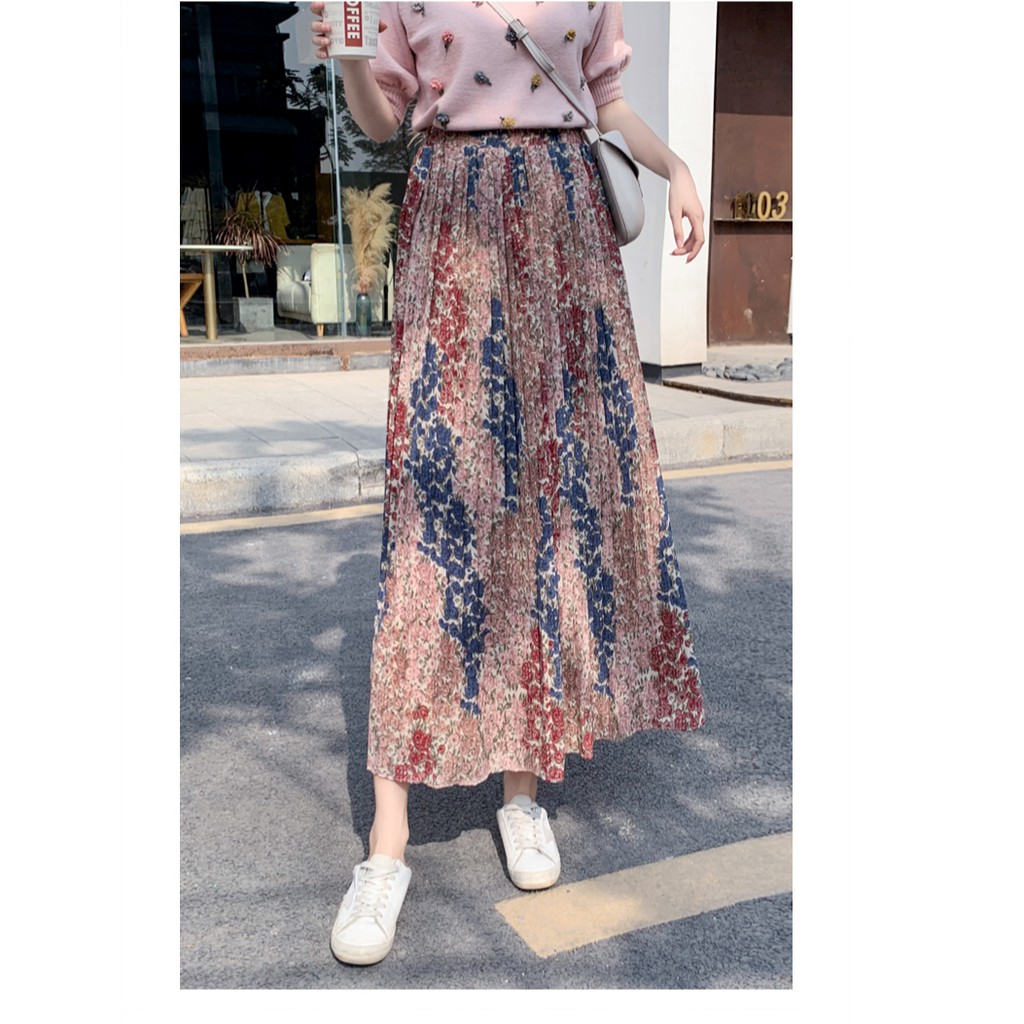 Rok Plisket Prisket Import / Rok Bunga / Maxi Skirt Motif Lucu Floral Bunga Vintage