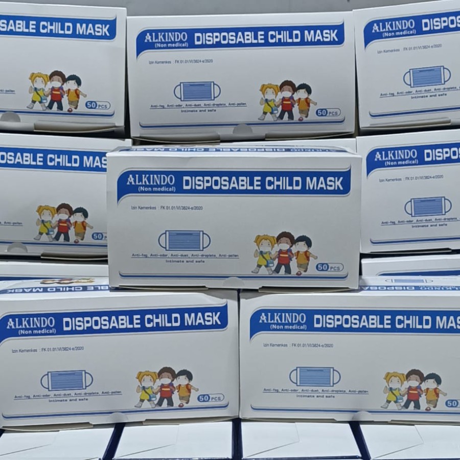 Kids Disposable Mask 3 Ply isi 50pcs l Masker Anak Earloop Alkindo 1 Box Non Medis l Bukan Hijab