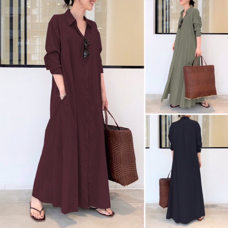 ZANZEA Dress Wanita Lengan Panjang Warna polos
