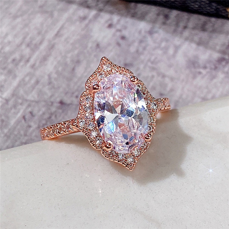 Cincin Wanita Warna Rose Gold Hias Cubic Zirconia Bentuk Oval Gaya Romantis Untuk Pertunangan / Pernikahan