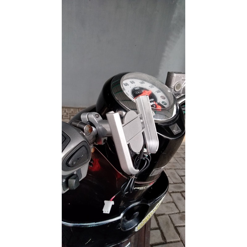 TERMURAH 100% FULL BESI Holder STANG Motor + USB CHARGER Holder HP Universal FULL BESI SILVER