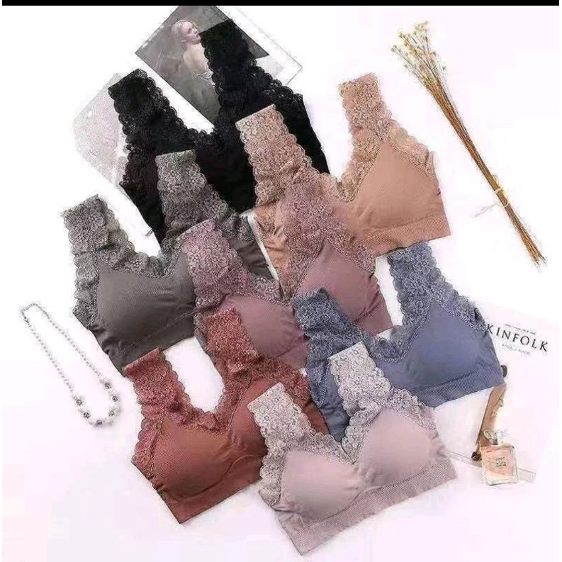 Bra BH Renda Busa Tanpa Kawat Spons Kupu V Neck Aksen Hem Lace Pakaian Dalam Olahraga Sport Zoga Zum