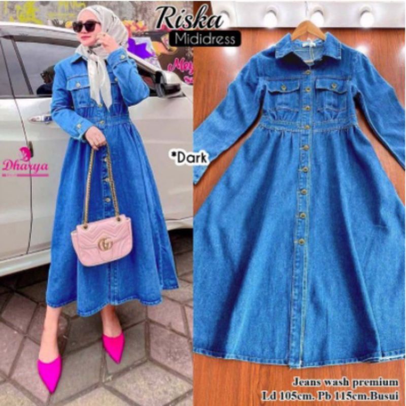 Riska Midi Dress Jeans Wash Terbaru/Dress Lepis Wanita kekinian Full Kancing Busui/Midi Dress Jins