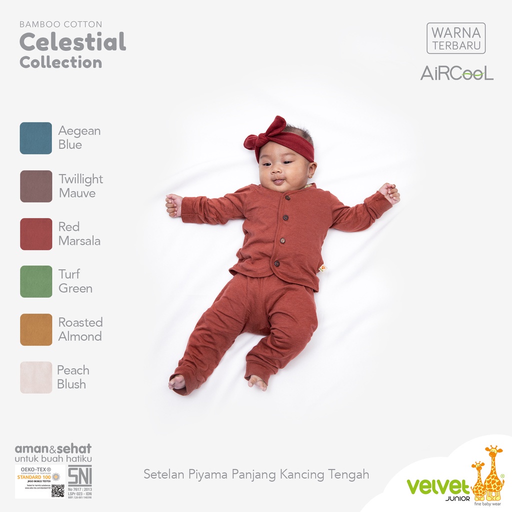 Castle - Velvet Junior Bamboo Cotton AirCool Setelan Baju Panjang Kancing Depan + Celana Panjang Size NB(0-3m) S(3-6m) M(6-9m) L(9-12m)