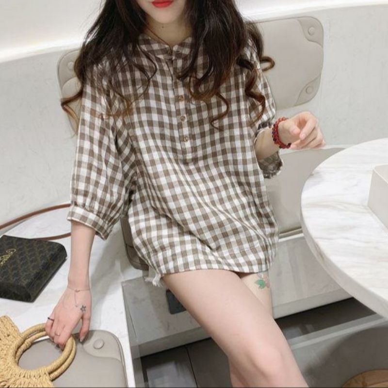 MDLV ~ 8939# Fernanda Plaid Shirt Kotak Kecil Blouse Kotak Import