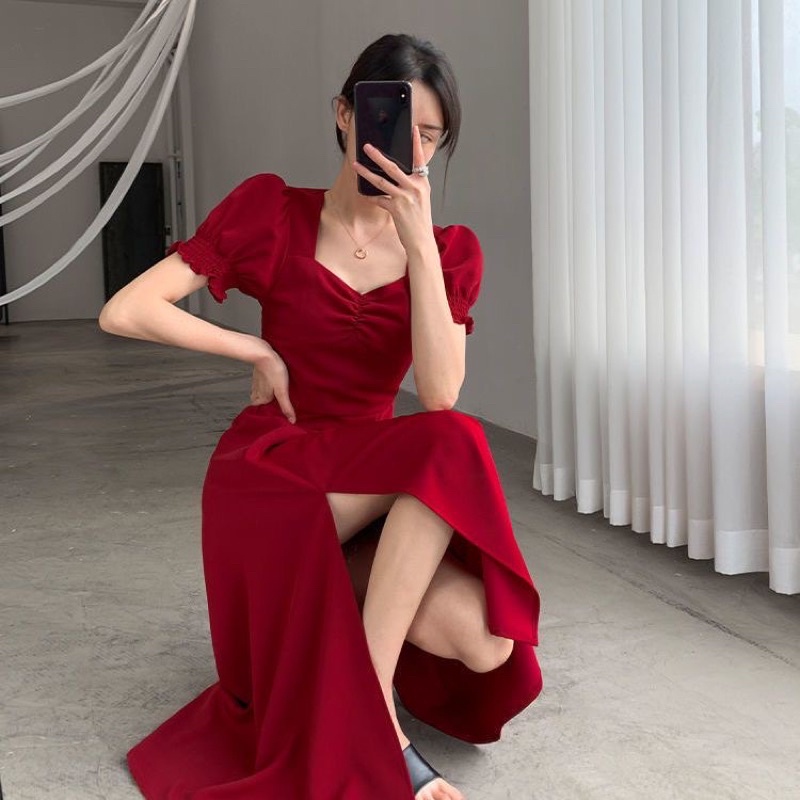 Red Dress Puffy Sleeves Slit