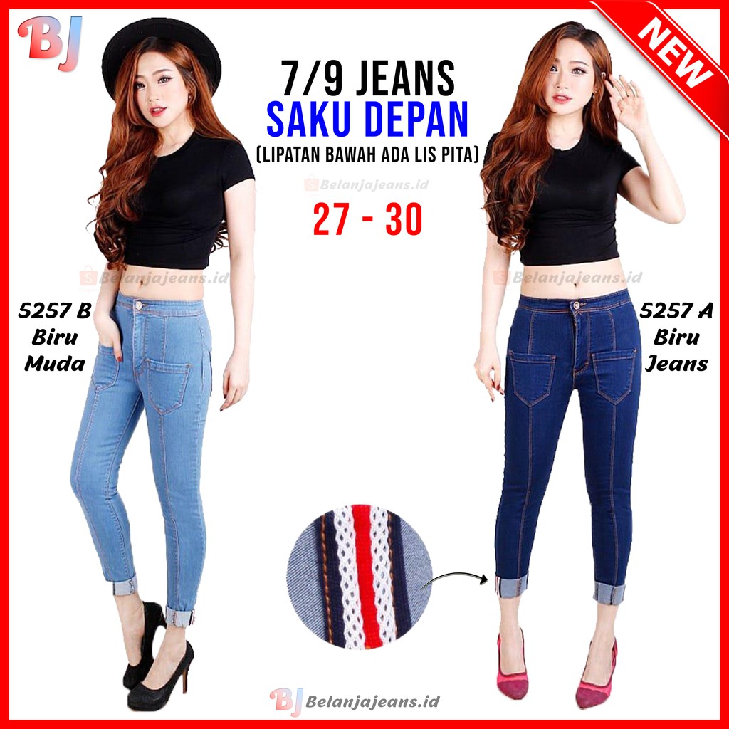 CELANA 7/9 JEANS SAKU DEPAN KANTONG HIGHWAIST WANITA LIPAT GULUNG BAWAH LIST CEWEK LEVIS PANJANG
