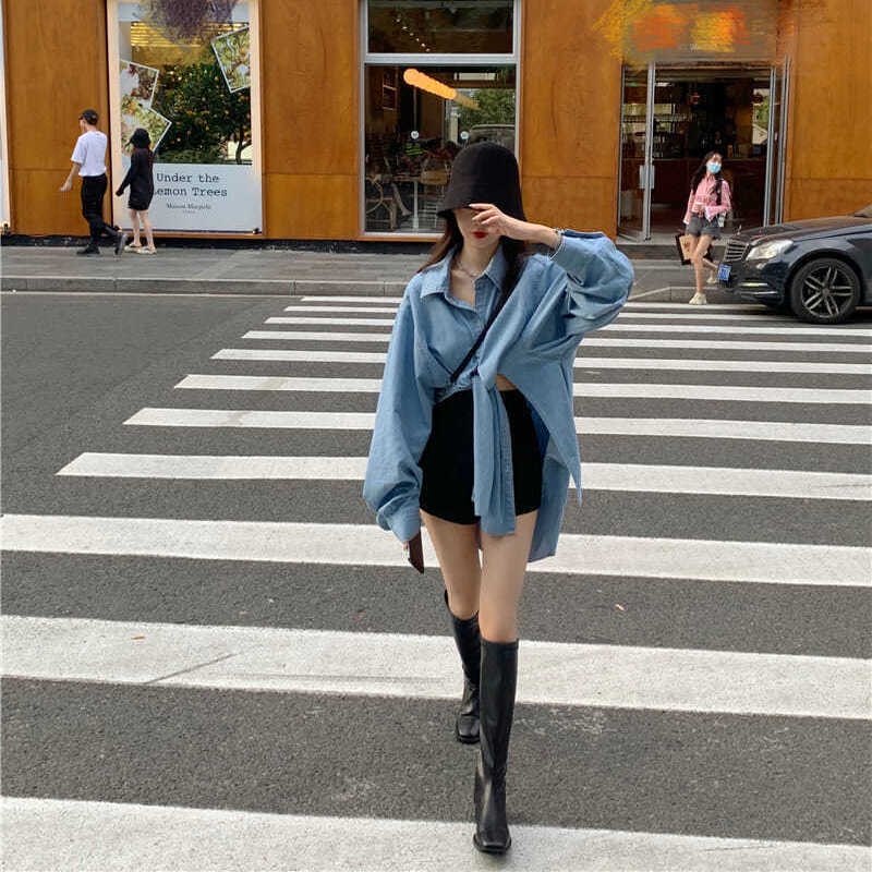 Shifon kemeja blus wanita kemeja denim biru longgar fit lengan panjang setengah panjang kemeja