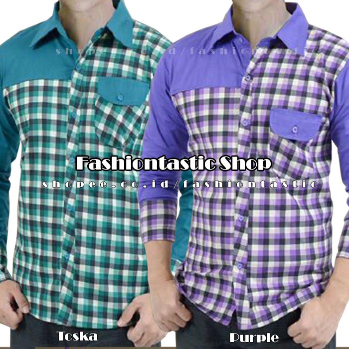 kemeja lengan panjang motif kotak-kotak / kemeja slimfit pria warna ungu dan hijau
