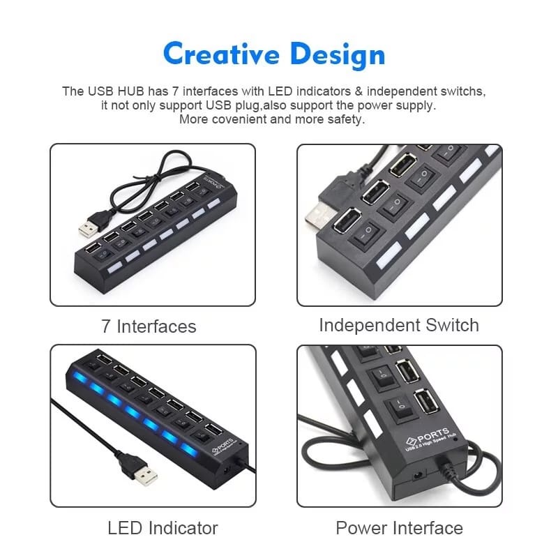 USB HUB 7 Port 2.0 Dengan Saklar Switch On Off LED Light