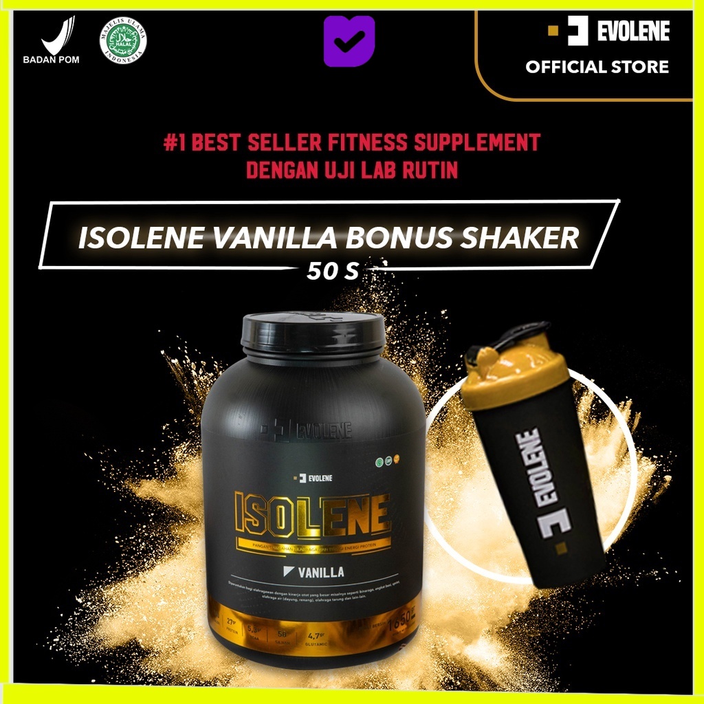 

Evolene Isolene Vanilla 1650gr/50 Sachet GRATIS SHAKER Defisit kalori Whey protein isolate BPOM HALAL EVOLINE EVOLIN EVOLEN