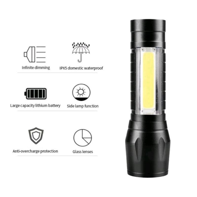 Senter Cas Usb Mini Cob Police Zoom Rechargeable Waterproof Anti Air / LAMPU PENERANGAN