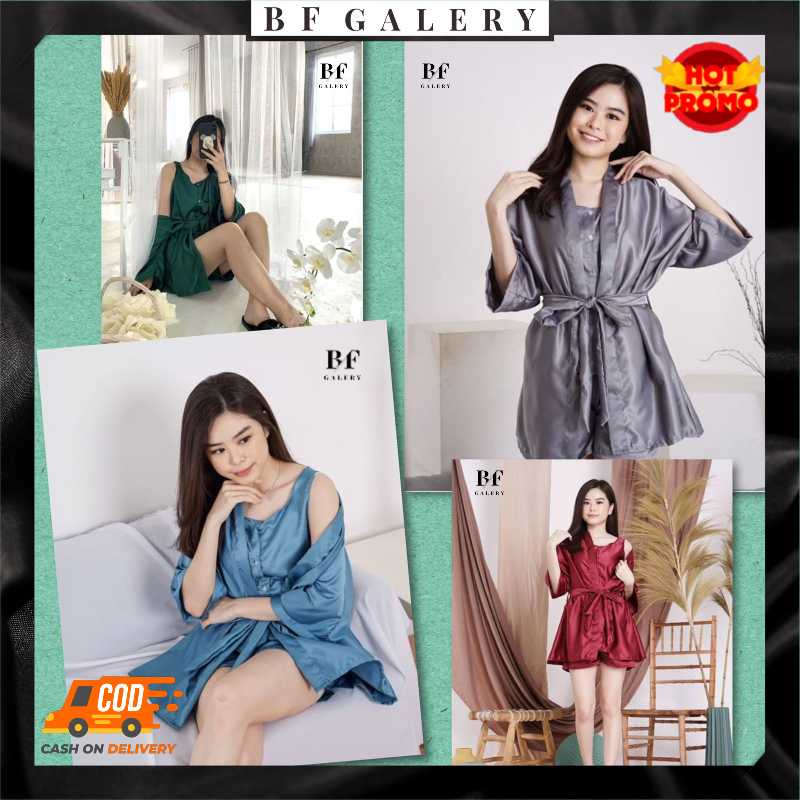 BFP004 KIMONO 3IN1 SATIN SETELAN BAJU TIDUR KOREAN PAJAMAS WANITA PIYAMA POLOS JAKARTA