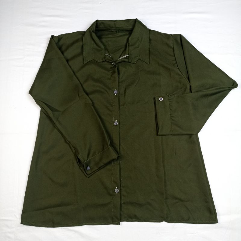 Kemeja Wanita Basic Polos Putih Hitam Atasan Blouse Casual Lengan Panjang Hem Kerja Kantor Formal Bahan Moscrepe-Army