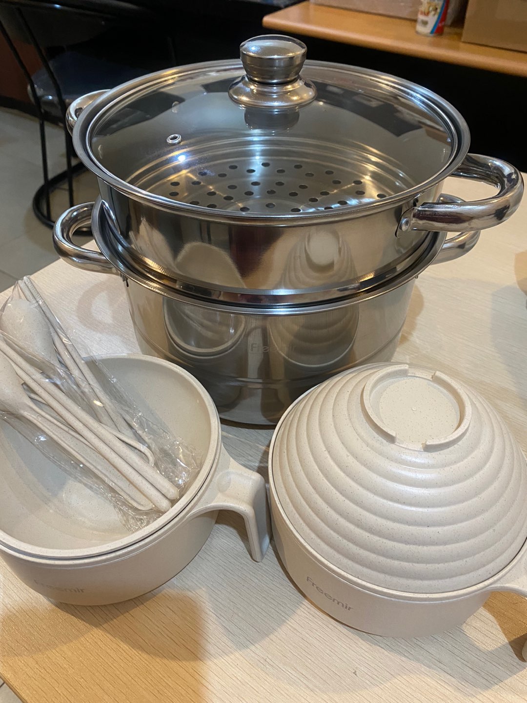 Mangkuk Mie Mangkok Makan Set Isi 2 Gratis Sendok Garpu Sumpit Tutup Wheat Straw Soup Bowl Cantik