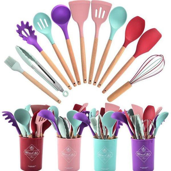 Spatula Silicon Set 12 Pcs - Sodet Silicon Anti Panas Masak Sutil Pegangan Kayu Baking