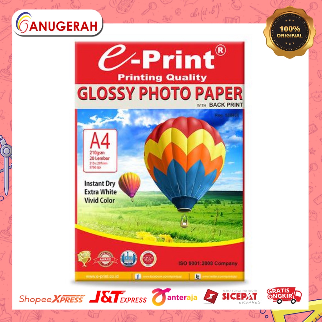 

E-PRINT A4 210GSM ISI 20 GLOSSY PHOTO PAPER / KERTAS CETAK FOTO