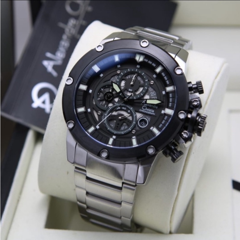 Alexandre christie original Ac6564 jam tangan pria stainless stell silver hitam