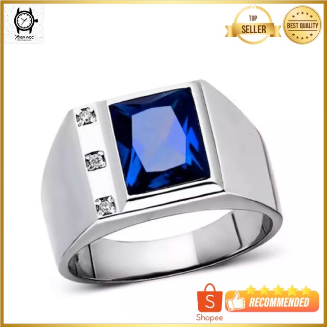 Cincin Pria Perak Safir Biru Mewah Elegan Minimalis Blue Saphire