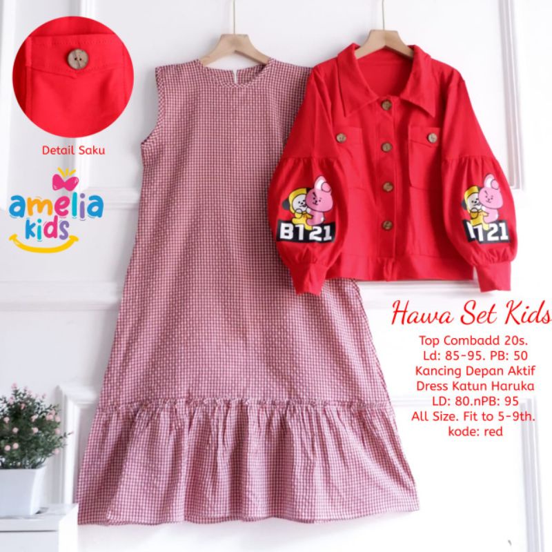 Hawa set kids by Amelia kids, Top combad20s kancing depan aktif, Dress katun haruka