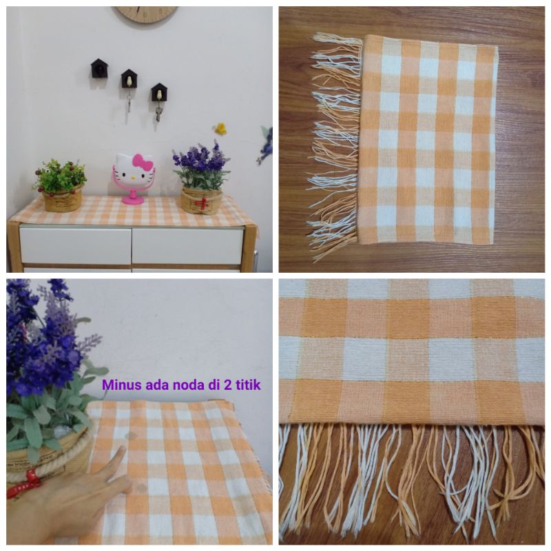 Taplak meja panjang kain tenun rumbai kotak orange meja ruang tamu rak tv lemari etc