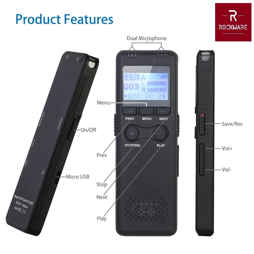 ROCKWARE RW-AVR08 - Digital Voice Recorder - Perekam Suara Digital 8GB