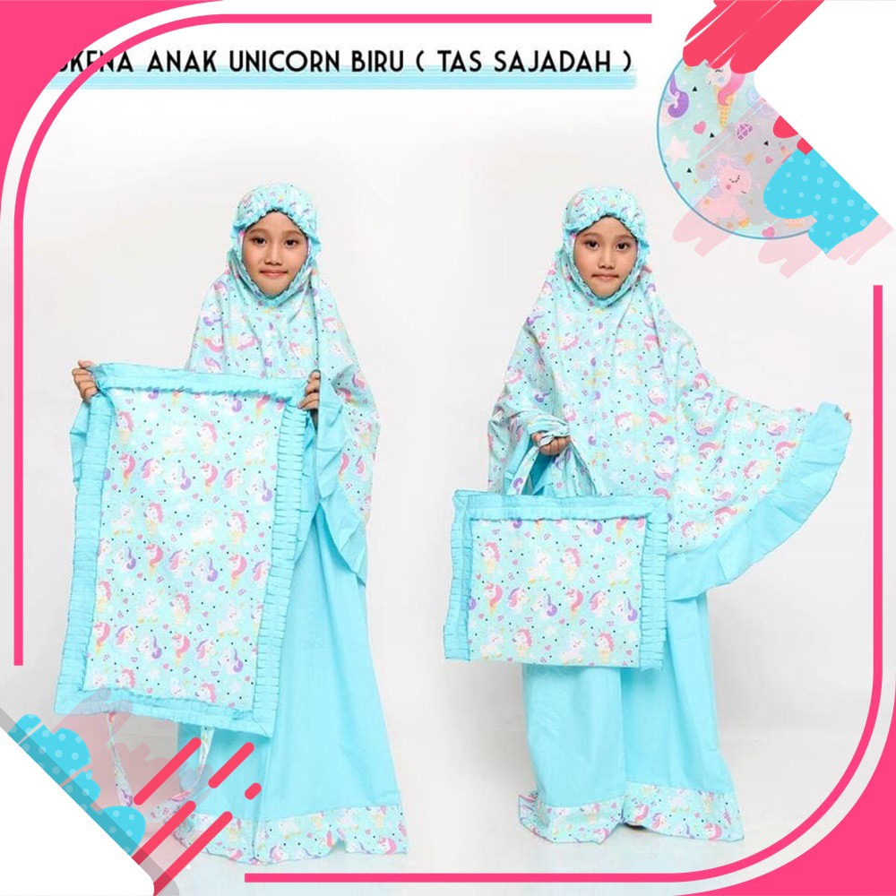 pusat mukena anak karakter unicorn kuda poni biru lucu mukena anak set sajadah rukuh katun adem
