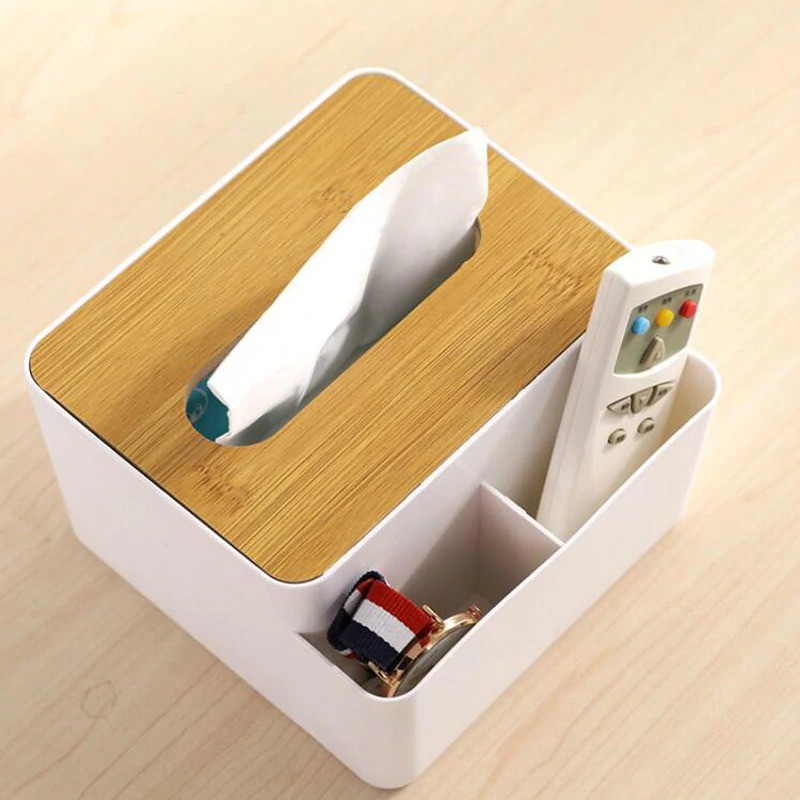 Grab Medan Kotak Tisu Kayu + Remot Multifungsi Organizer Box - M744 Zenxin White