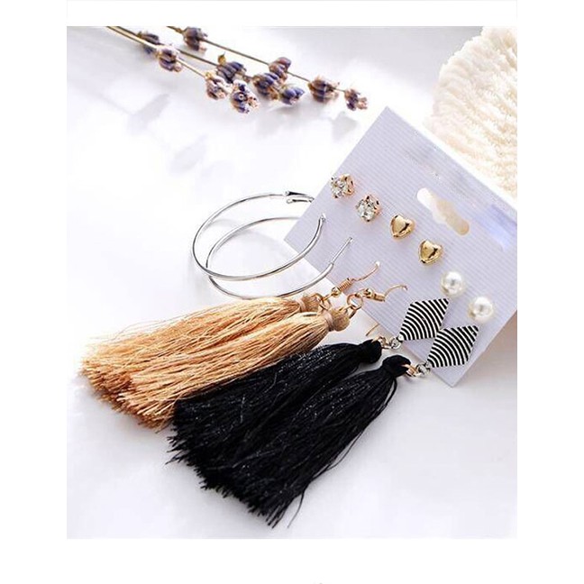 LRC Anting Set Fashion Gold Color+black Tassel Decorated Earrings (12 Pcs ) A57023