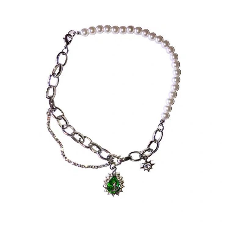 Green Rhinestone Pearl Necklace Accessories Hip Hop Clavicle Chain