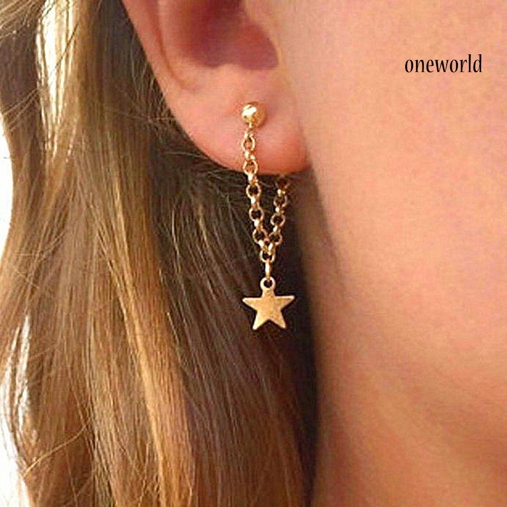 OW@ Women Fashion Five-pointed Star Chain Tassel Pendant Stud Earrings Jewelry Gift