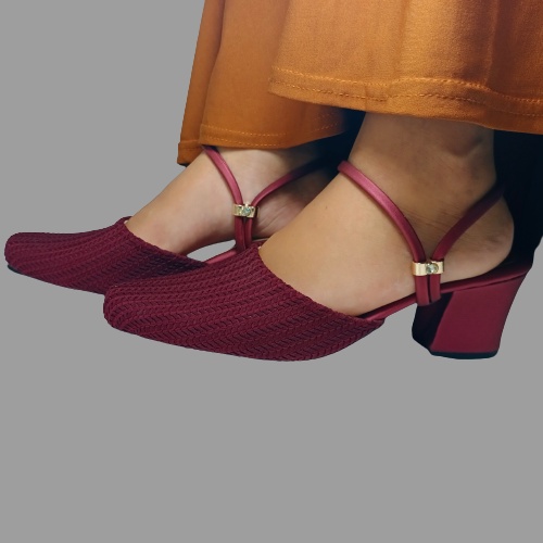 Sepatu Hak Bahan Rajut Warna Maroon S08R01B8 / Sepatu Wanita / High Heels Wanita / Heels Wanita